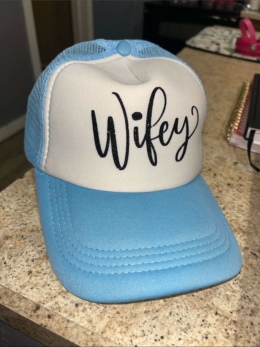 Wifey Script Trucker Hat - Light Blue & White